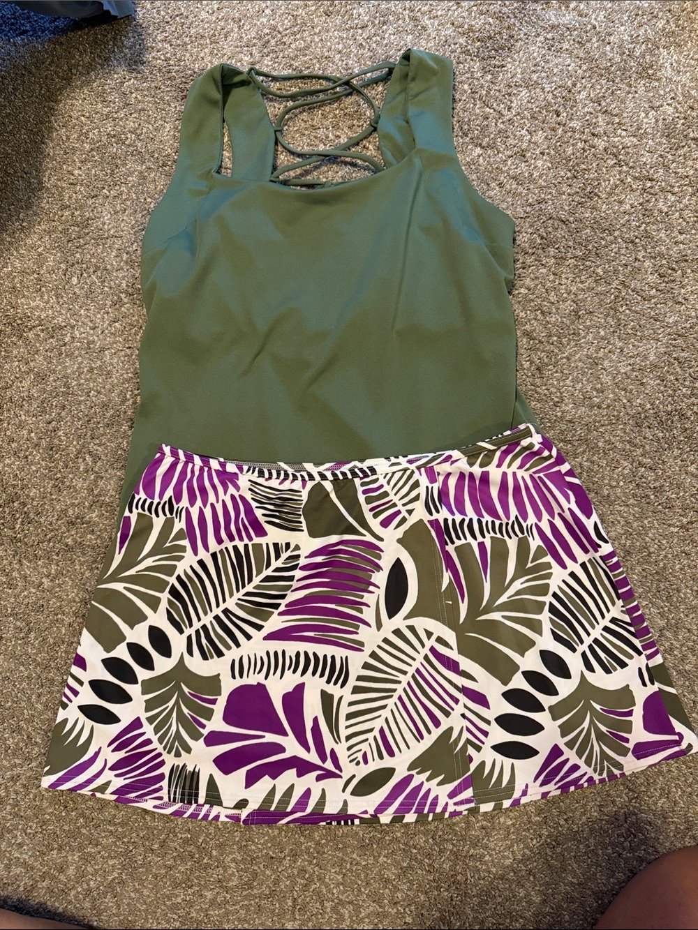 Olive Green Top with Tropical Print Skirt